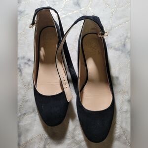 Vince Camuto Attera Black Suede Ankle Strap Gold Accents Flat Size 6.5